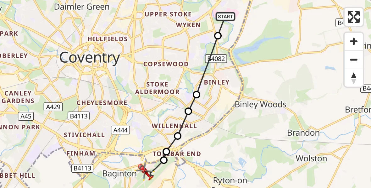 Flight route Air Ambulance Helicopter University Hospital Coventry - Coventry Airport, 12 September 2026, 10:02