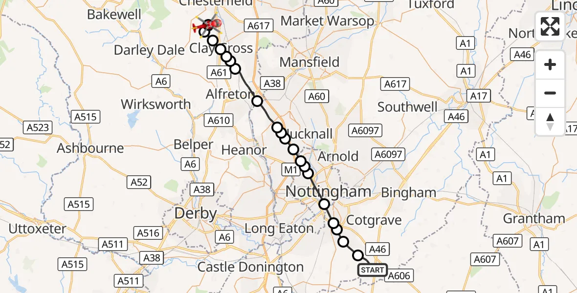 Flight route Air Ambulance Helicopter Widmerpool - Wingerworth, 12 September 2026, 10:07