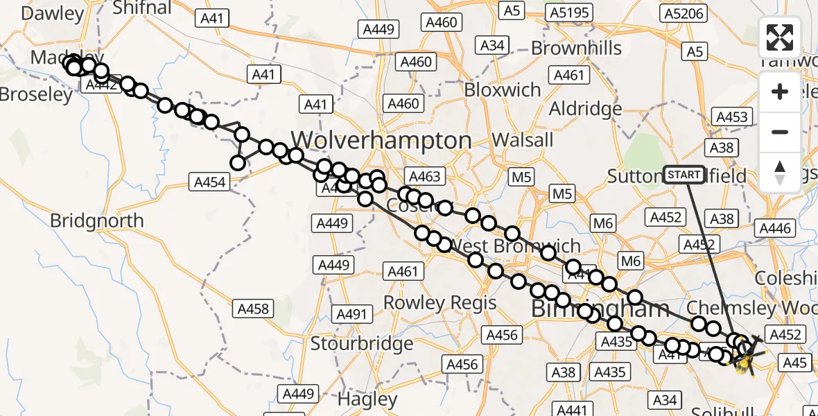 Flight route Police Helicopter Sutton Coldfield - Birmingham Airport, 12 September 2026, 10:25