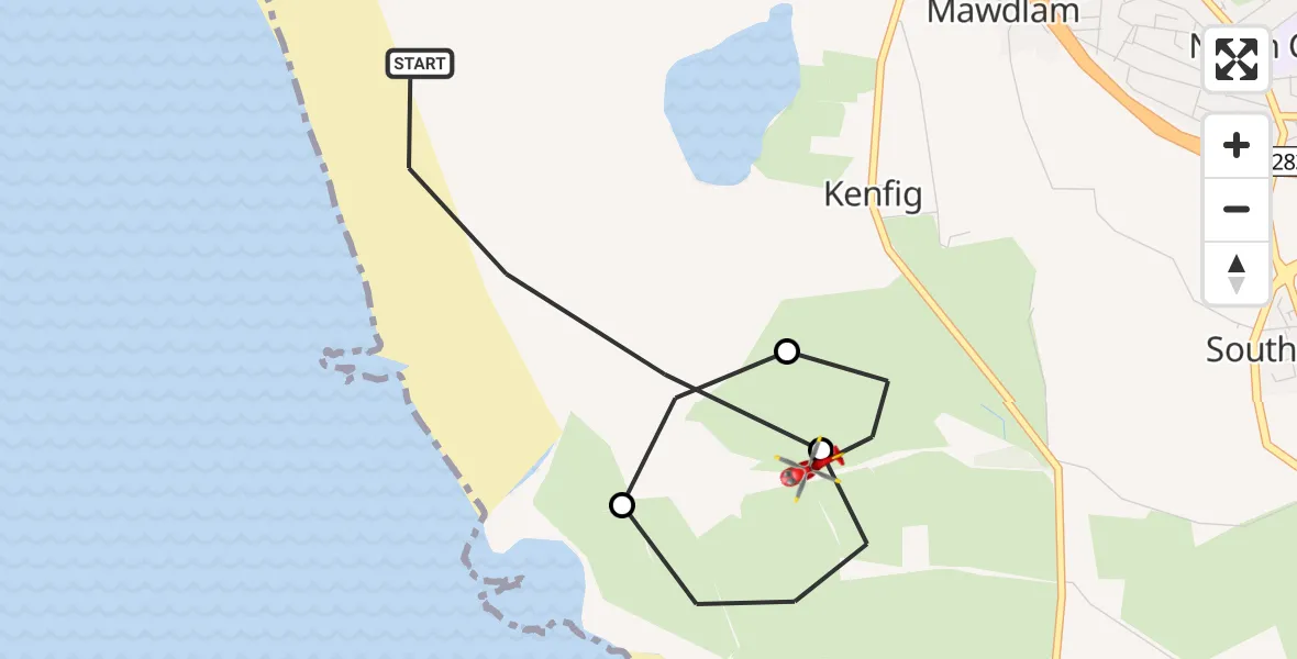 Flight route Air Ambulance Helicopter Cornelly - Kenfig, 12 September 2026, 10:42