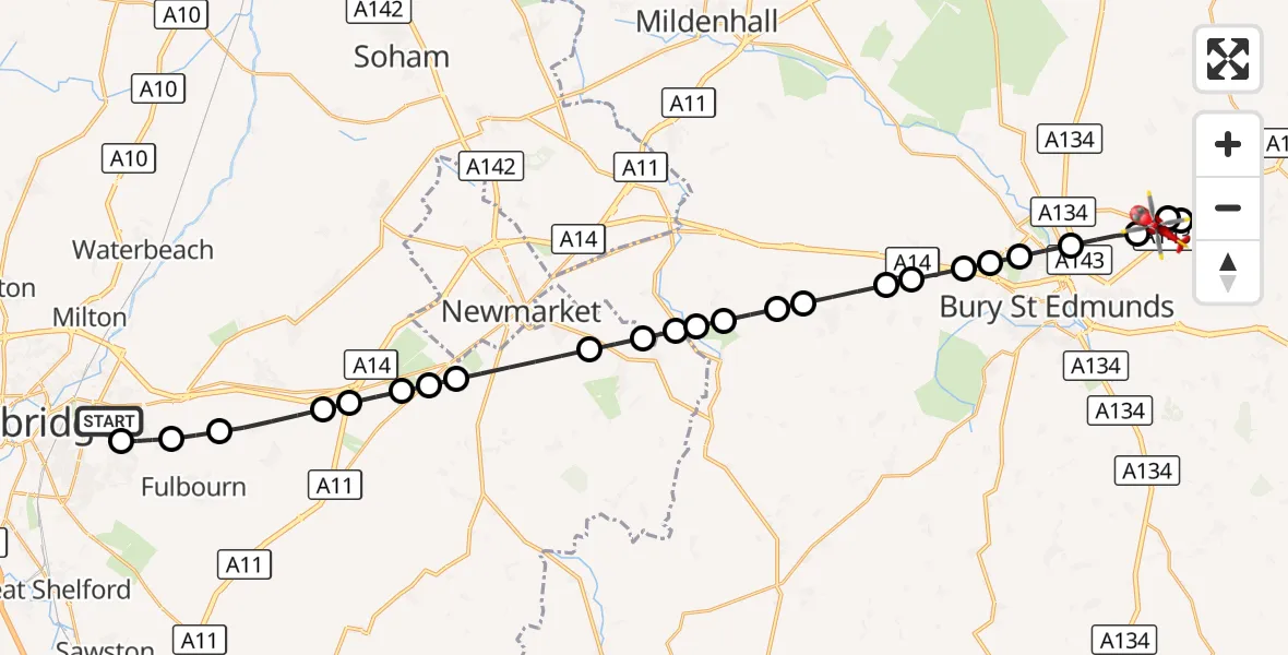 Flight route Air Ambulance Helicopter Cambridge City Airport - Great Barton, 12 September 2026, 10:44