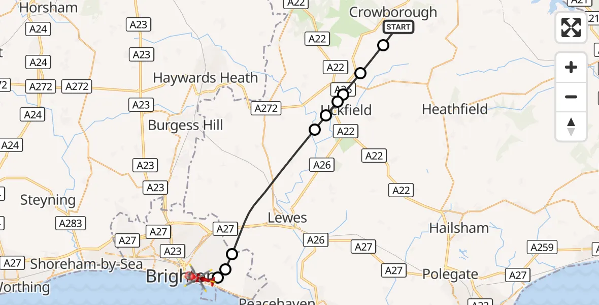 Flight route Air Ambulance Helicopter Crowborough - Brighton, 12 September 2026, 11:03