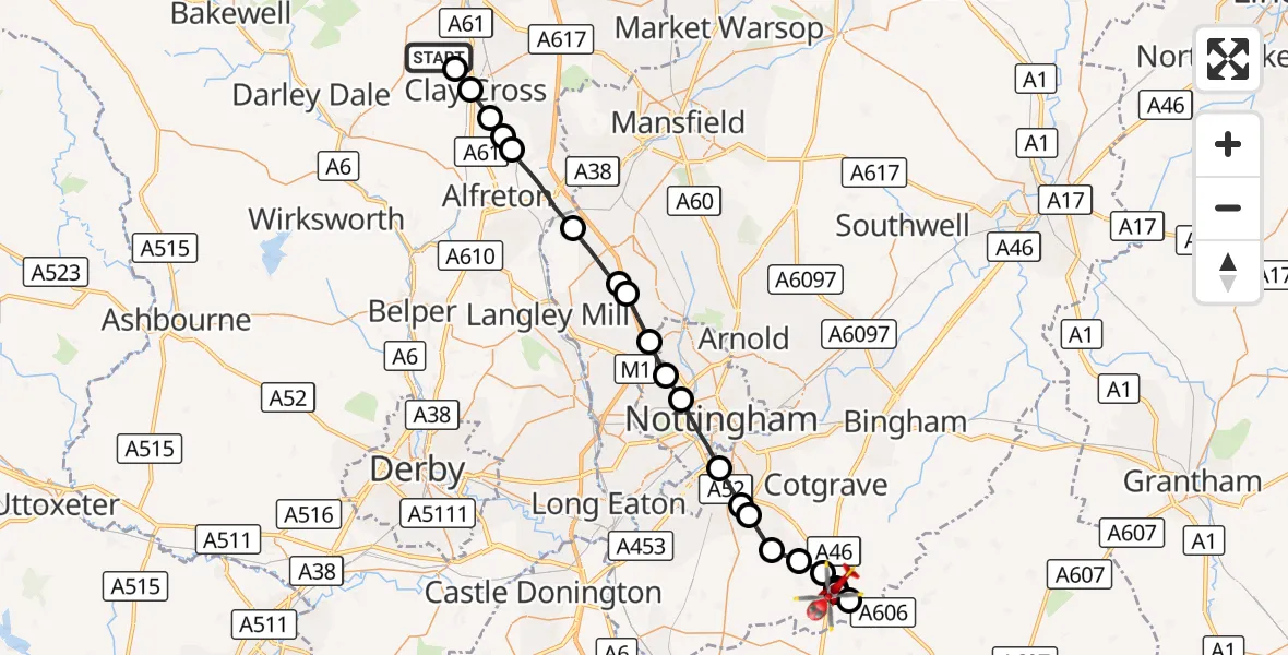 Flight route Air Ambulance Helicopter Ashover CP - Nottingham Heliport, 12 September 2026, 11:05