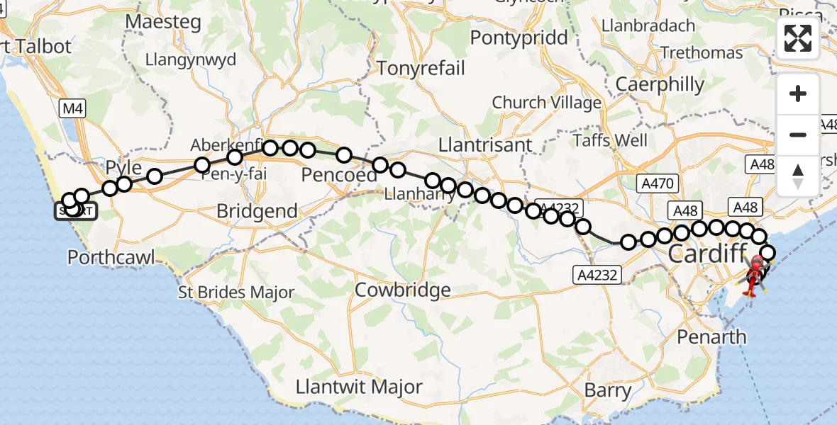 Flight route Air Ambulance Helicopter Porthcawl - Cardiff Heliport, 12 September 2026, 11:19