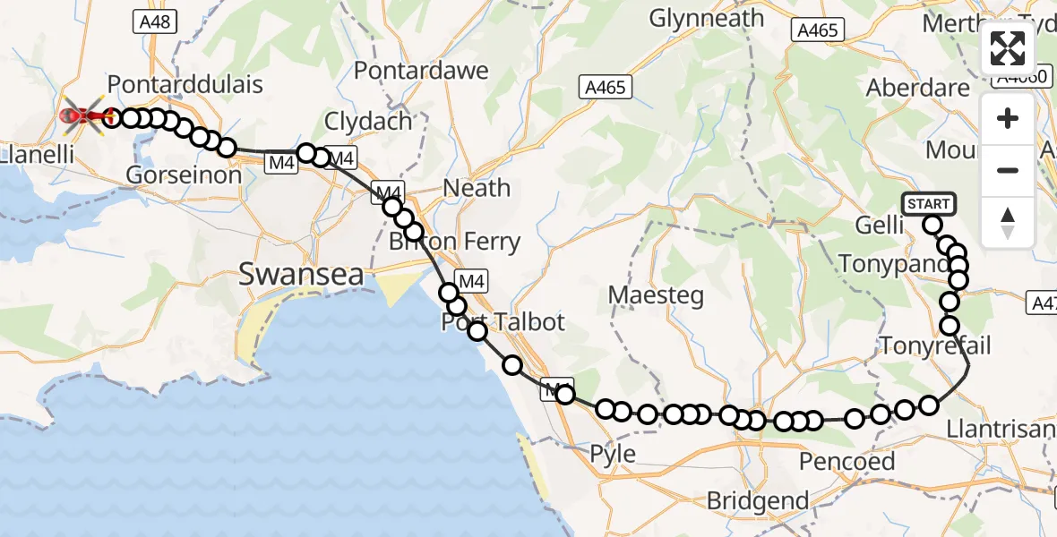 Flight route Air Ambulance Helicopter Tylorstown - Dafen, 12 September 2026, 11:26
