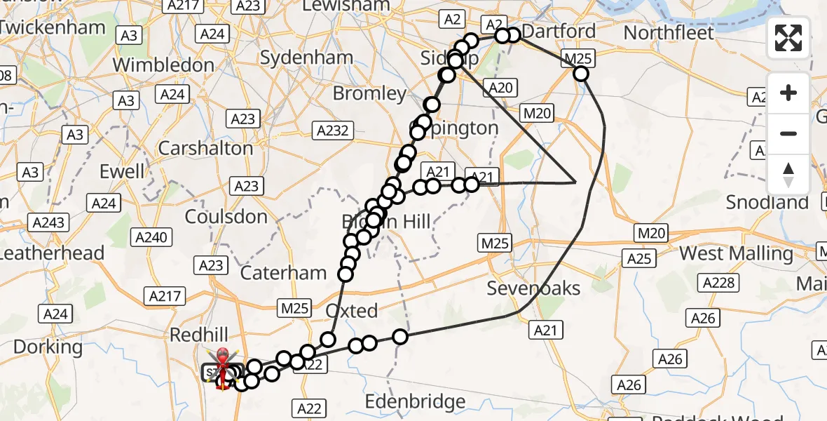 Flight route Air Ambulance Helicopter Redhill Aerodrome - Redhill Aerodrome, 12 September 2026, 11:27