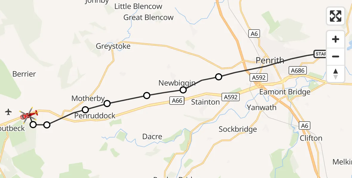 Flight route Air Ambulance Helicopter Penrith - Troutbeck, 12 September 2026, 11:34