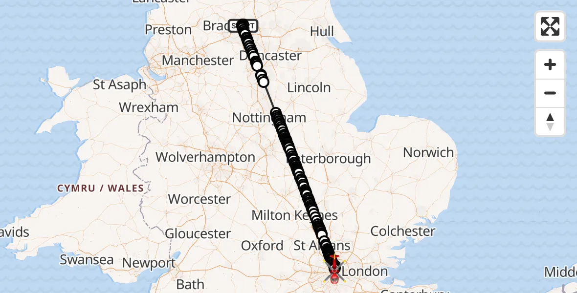 Flight route Air Ambulance Helicopter Woodhouse - City of Westminster, 12 September 2026, 11:34