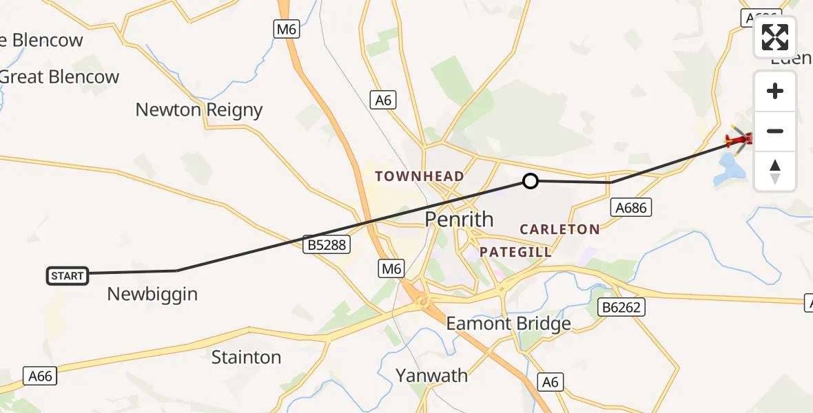 Flight route Air Ambulance Helicopter Newbiggin - Penrith, 12 September 2026, 11:50