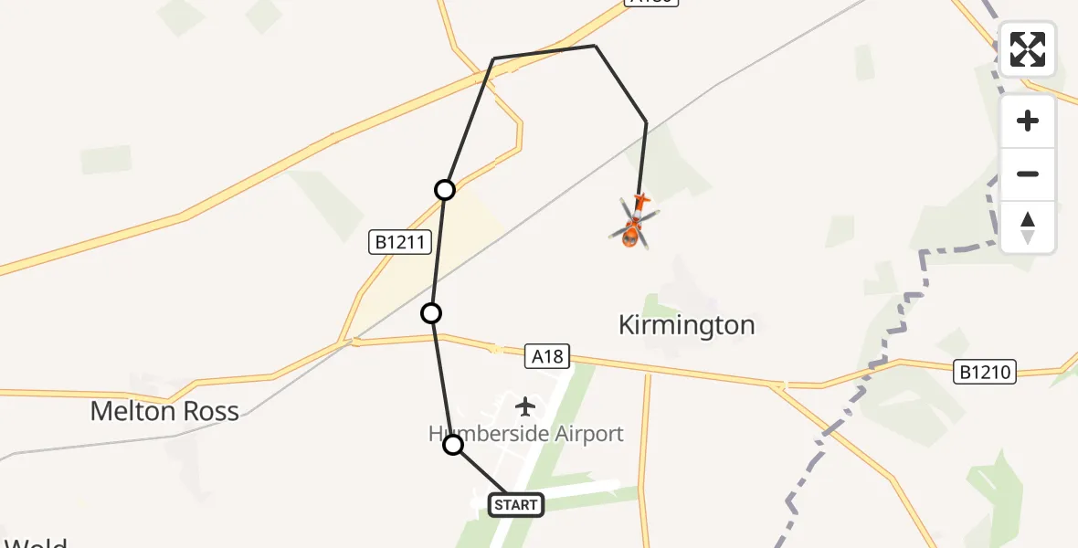 Flight route Coastguard Helicopter Humberside Airport - Kirmington, 12 September 2026, 11:51