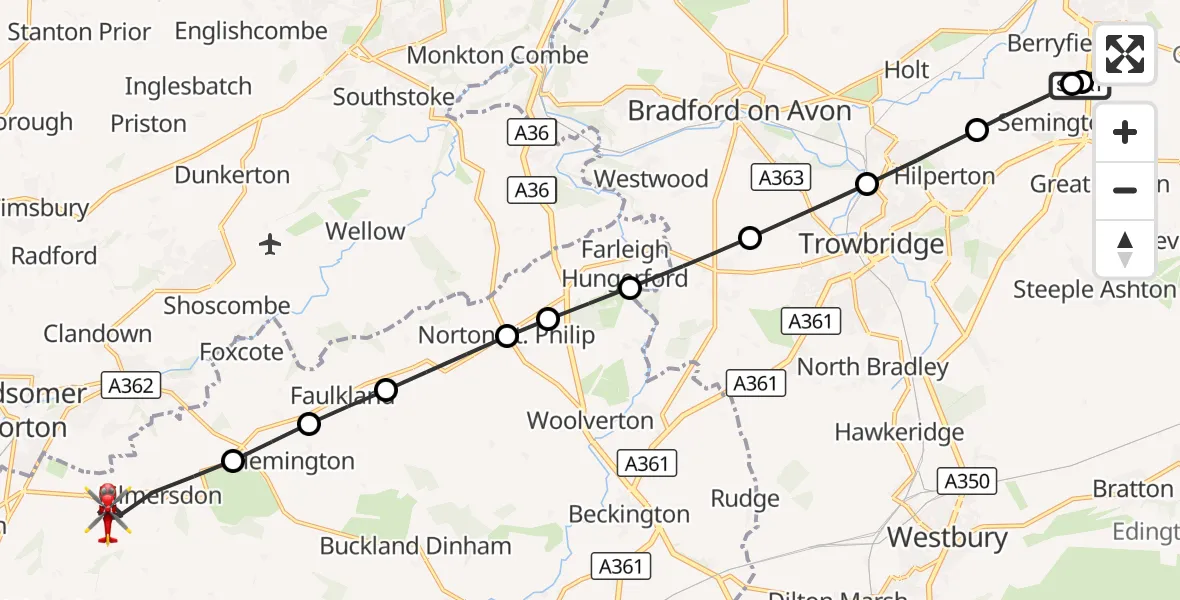 Flight route Air Ambulance Helicopter Wiltshire Air Ambulance - Kilmersdon, 12 September 2026, 12:01