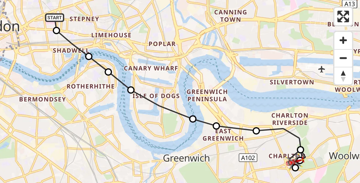 Flight route Air Ambulance Helicopter Royal London Hospital - Charlton, 12 September 2026, 12:07