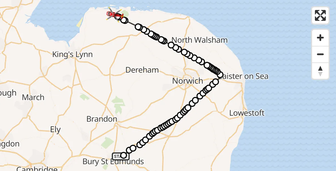 Flight route Air Ambulance Helicopter Great Barton - Burnham Market, 12 September 2026, 12:13