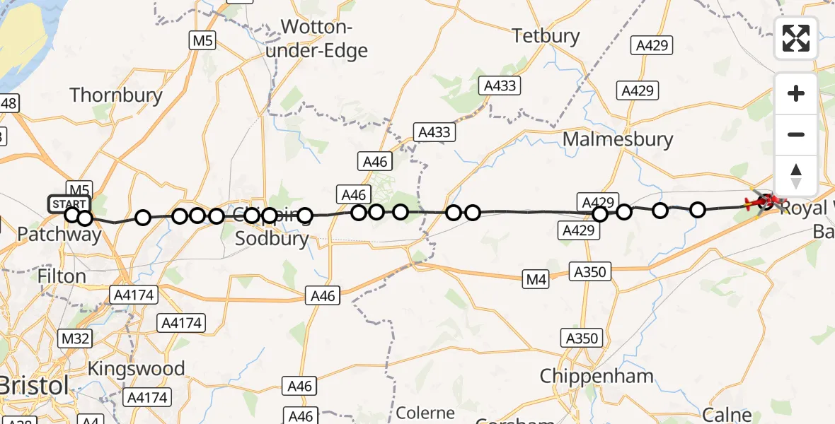 Flight route Air Ambulance Helicopter Almondsbury Helicopter Base - Brinkworth, 12 September 2026, 12:14