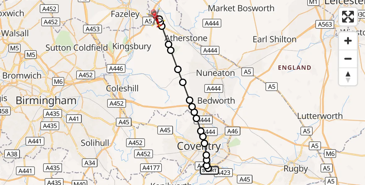 Flight route Air Ambulance Helicopter Coventry Airport - Polesworth, 12 September 2026, 12:41