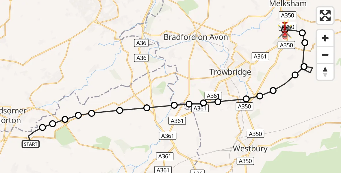 Flight route Air Ambulance Helicopter Kilmersdon - Wiltshire Air Ambulance, 12 September 2026, 13:03