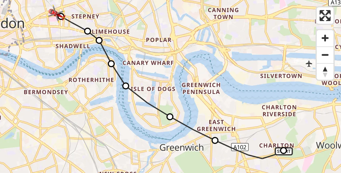 Flight route Air Ambulance Helicopter Charlton - Royal London Hospital, 12 September 2026, 13:10