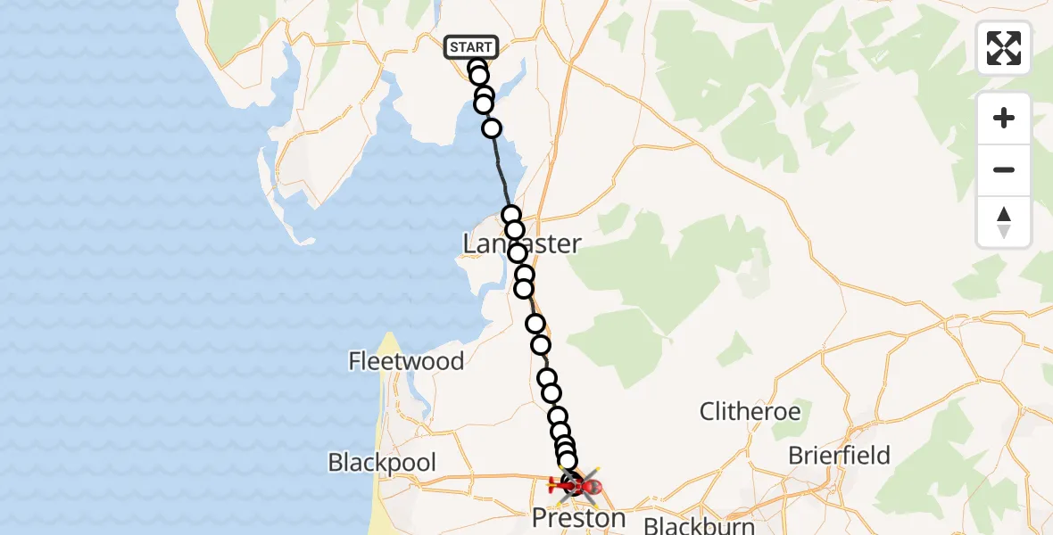Flight route Air Ambulance Helicopter Cartmel Fell - Preston, 12 September 2026, 13:12