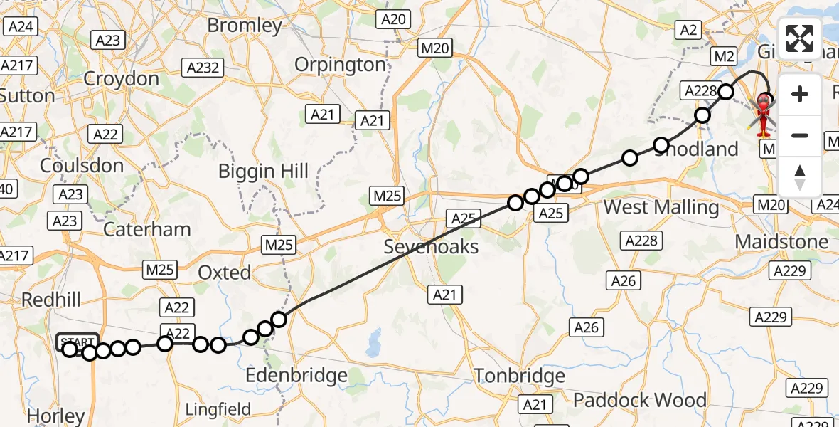 Flight route Air Ambulance Helicopter Redhill Aerodrome - Rochester Airport, 12 September 2026, 13:17