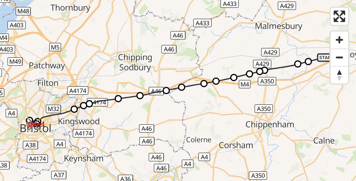 Flight route Air Ambulance Helicopter Dauntsey - Bristol Royal Infirmary, 12 September 2026, 13:33