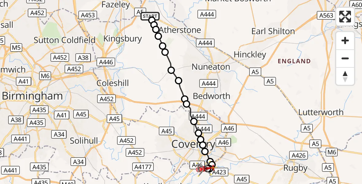 Flight route Air Ambulance Helicopter Dordon CP - Coventry Airport, 12 September 2026, 13:37