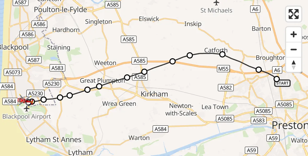 Flight route Air Ambulance Helicopter Royal Preston - Common Edge, 12 September 2026, 13:56