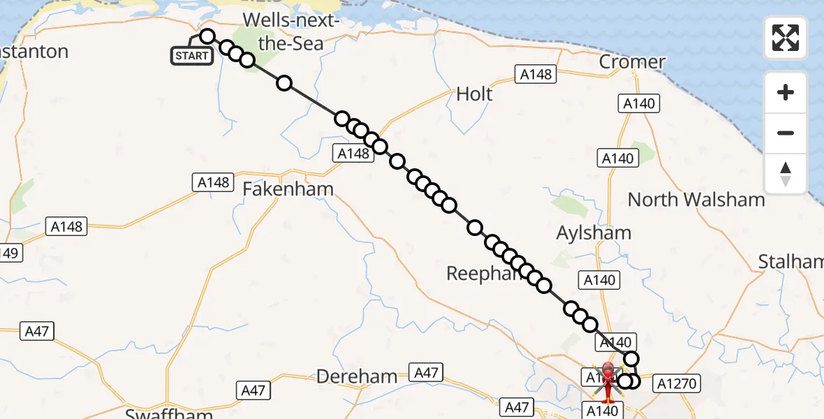 Flight route Air Ambulance Helicopter Burnham Market - Norwich Airport, 12 September 2026, 14:19