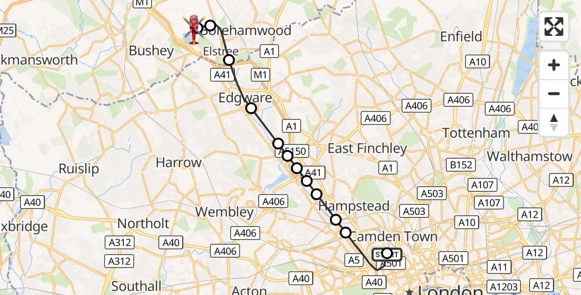 Flight route Air Ambulance Helicopter Chalk Farm - Elstree Airfield, 12 September 2026, 14:29