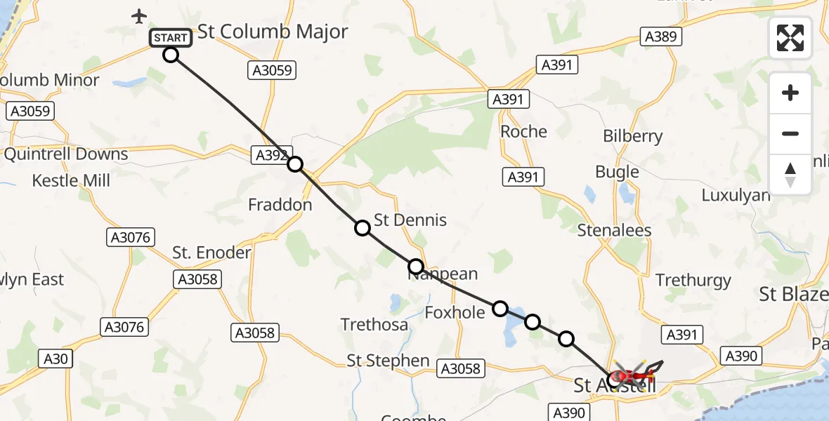 Flight route Air Ambulance Helicopter Cornwall Airport Newquay - St. Austell, 12 September 2026, 14:35