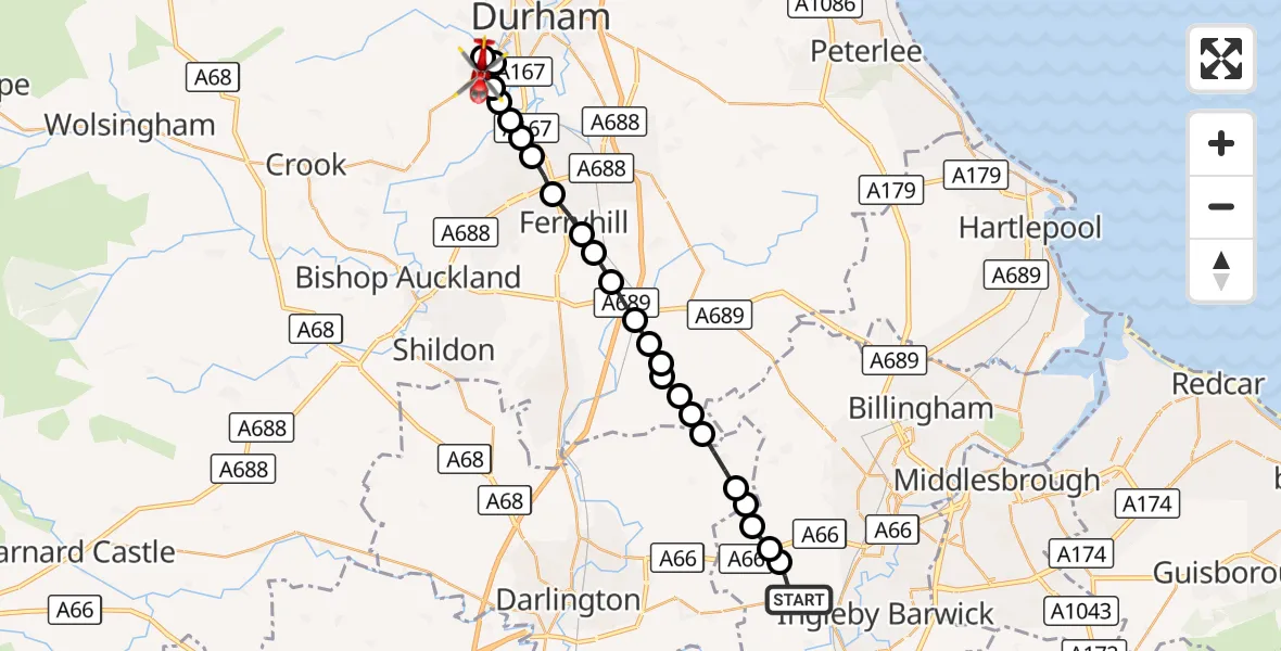 Flight route Air Ambulance Helicopter Egglescliffe - Meadowfield, 12 September 2026, 14:37
