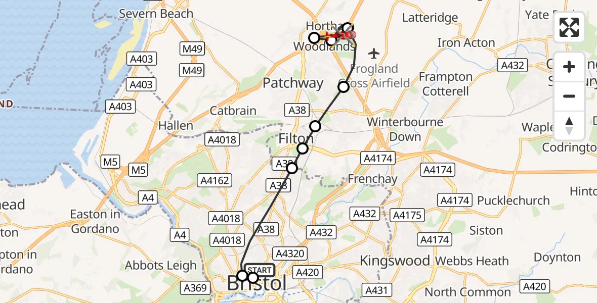 Flight route Air Ambulance Helicopter Bristol Royal Infirmary - Woodlands, 12 September 2026, 14:51