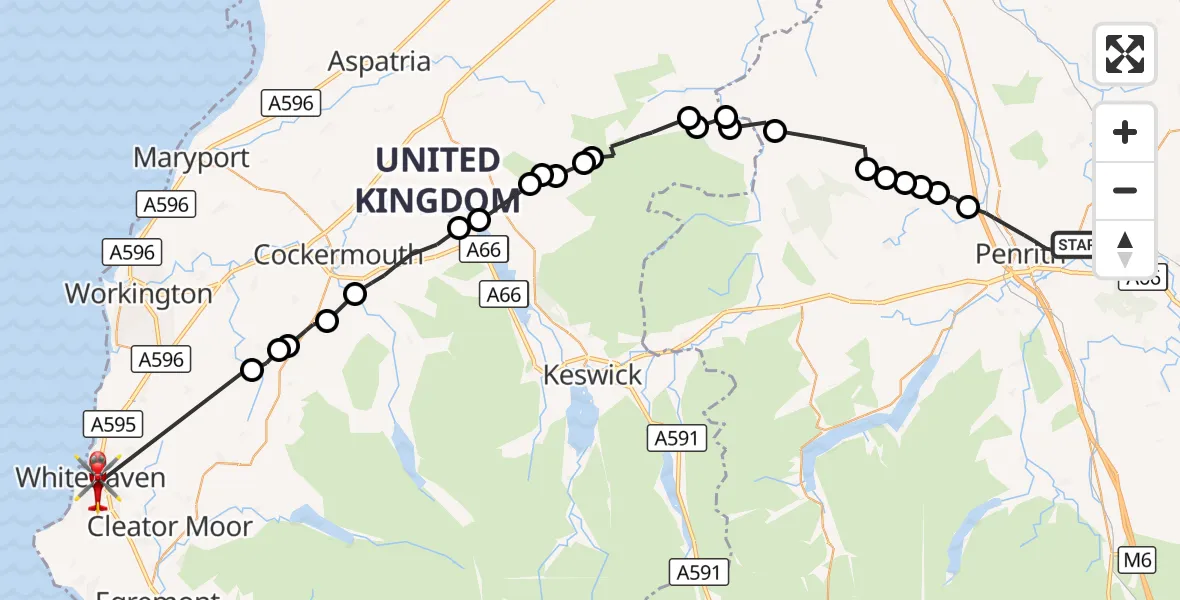 Flight route Air Ambulance Helicopter Penrith - Whitehaven, 12 September 2026, 15:12