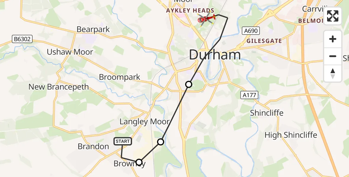 Flight route Air Ambulance Helicopter Meadowfield - Durham, 12 September 2026, 15:12