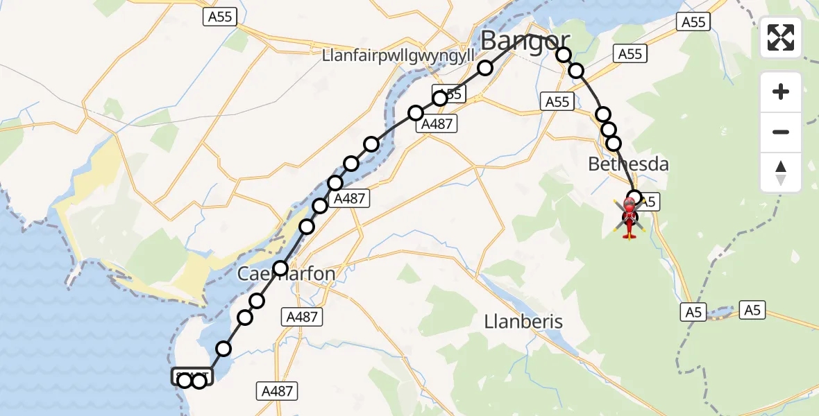 Flight route Air Ambulance Helicopter Caernarfon Airport - Llandygai, 12 September 2026, 15:20