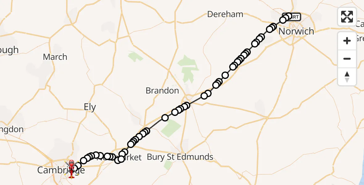 Flight route Air Ambulance Helicopter Norwich Airport - Cambridge City Airport, 12 September 2026, 15:36