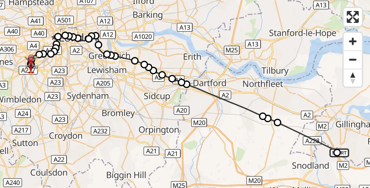 Flight route Air Ambulance Helicopter Rochester Airport - London Heliport, 12 September 2026, 15:37