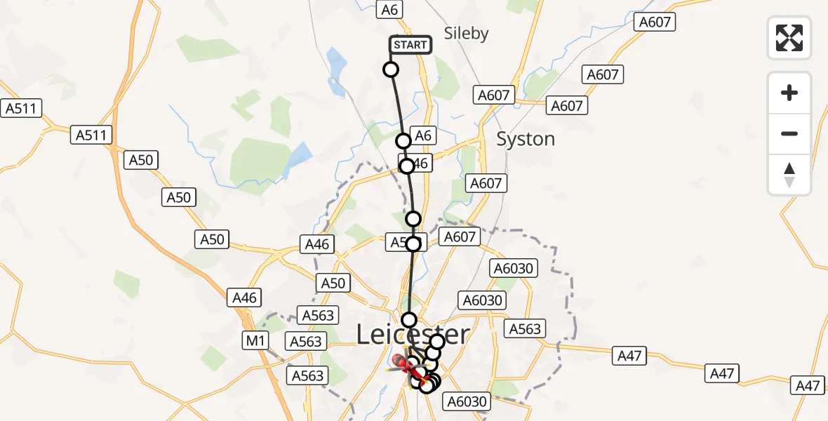 Flight route Air Ambulance Helicopter Mountsorrel - Black Friars, 12 September 2026, 15:46