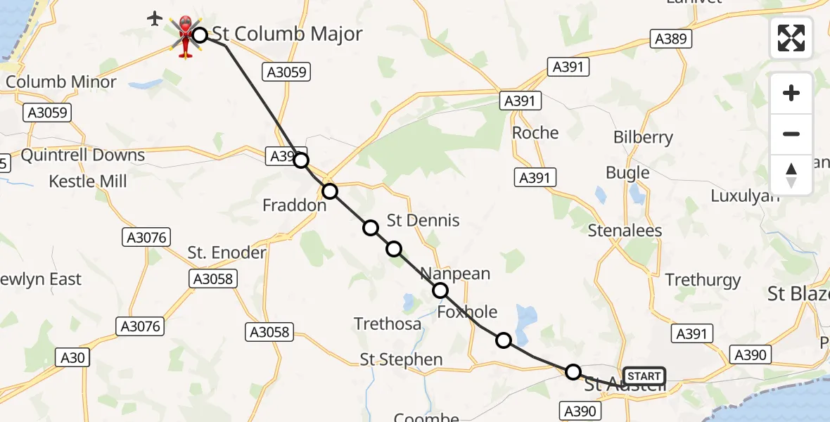 Flight route Air Ambulance Helicopter St. Austell - Cornwall Airport Newquay, 12 September 2026, 15:48
