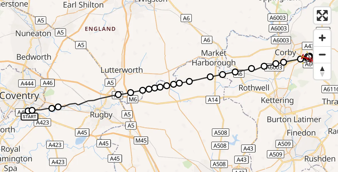 Flight route Air Ambulance Helicopter Coventry Airport - Brigstock, 12 September 2026, 16:11