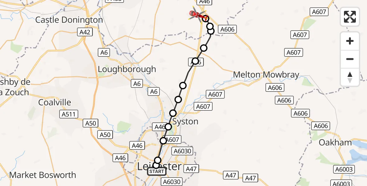 Flight route Air Ambulance Helicopter Bede Island - Widmerpool, 12 September 2026, 16:13