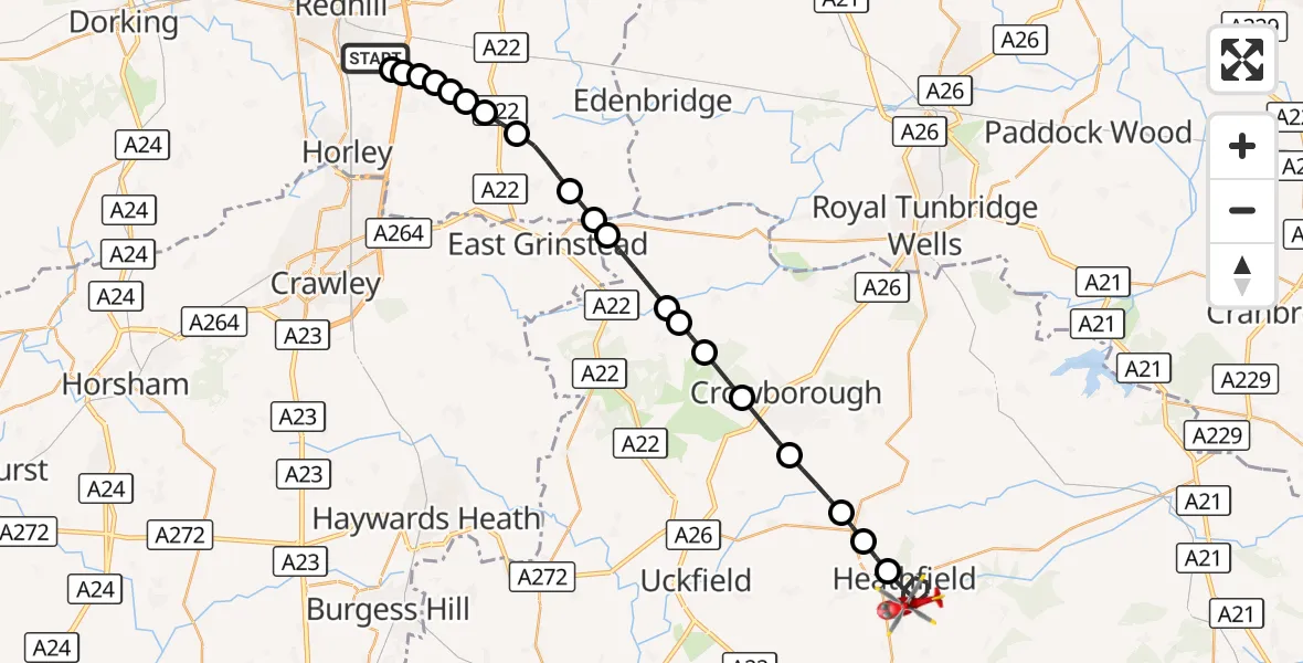 Flight route Air Ambulance Helicopter Redhill Aerodrome - Heathfield, 12 September 2026, 16:14