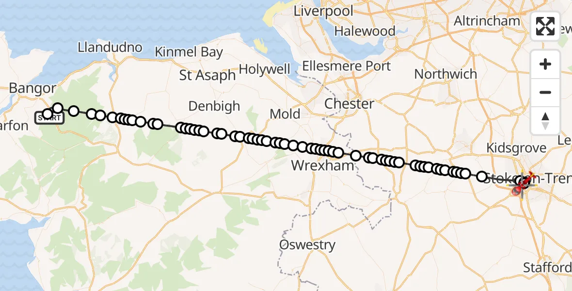 Flight route Air Ambulance Helicopter Llandygai - University Hospital North Staffs, 12 September 2026, 16:17