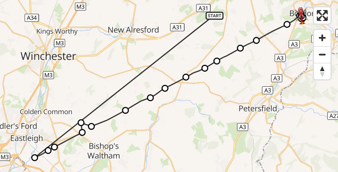 Flight route Air Ambulance Helicopter Lower Farringdon - Bordon, 12 September 2026, 16:18