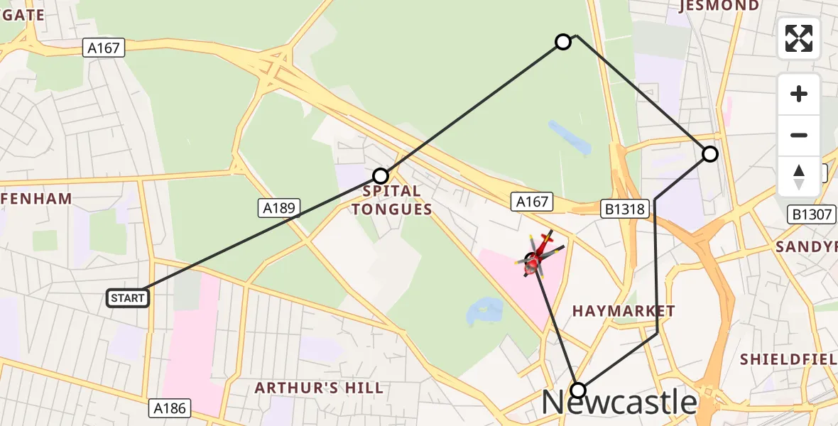 Flight route Air Ambulance Helicopter Cowgate - Newcastle Royal Victoria Infirmary, 12 September 2026, 16:34