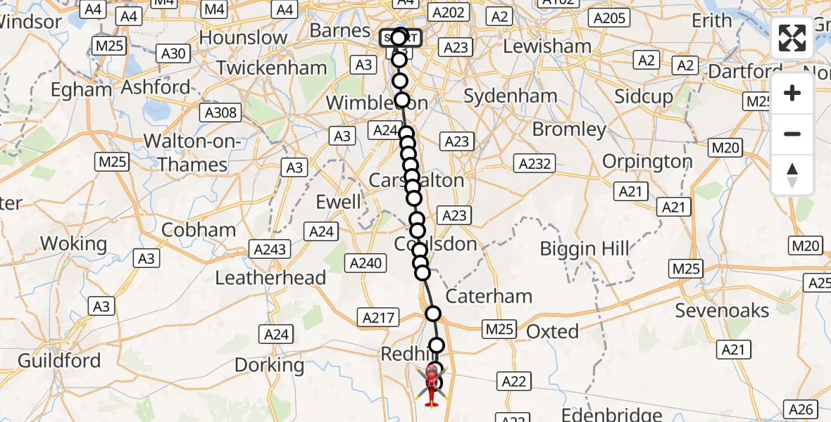 Flight route Air Ambulance Helicopter London Heliport - Redhill Aerodrome, 12 September 2026, 16:43