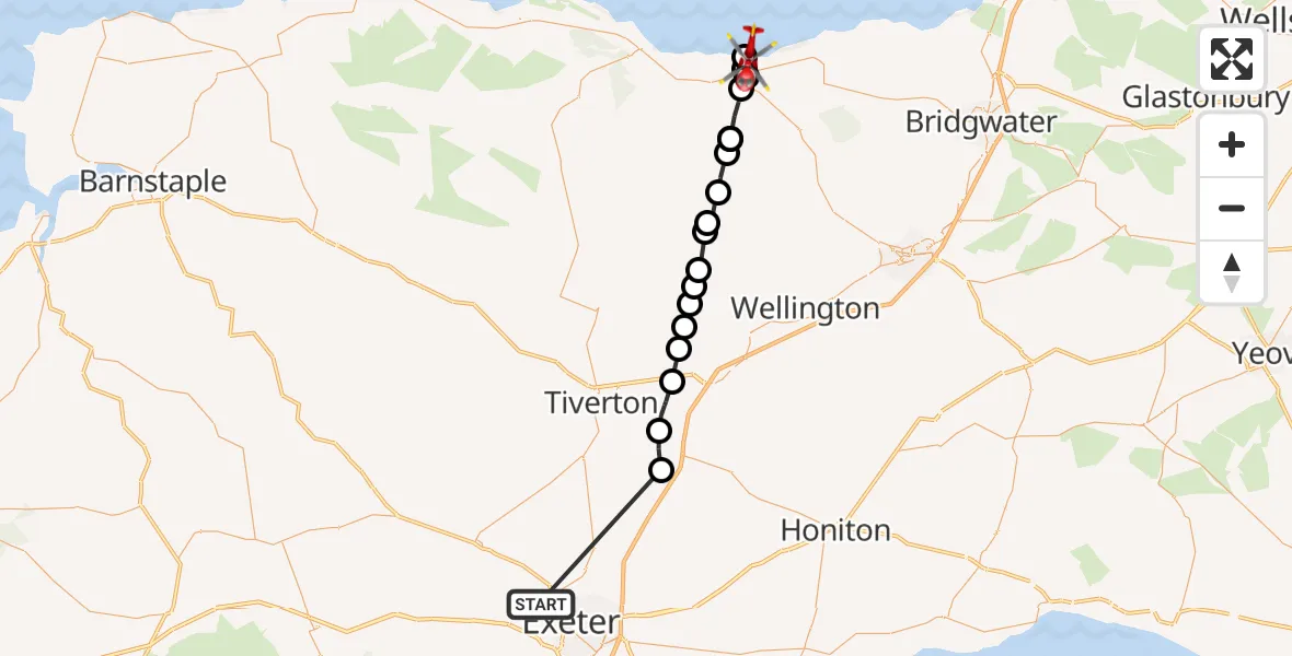 Flight route Air Ambulance Helicopter Exeter - Williton, 12 September 2026, 16:52