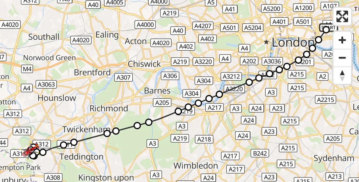 Flight route Air Ambulance Helicopter Royal London Hospital - Hanworth, 12 September 2026, 16:54