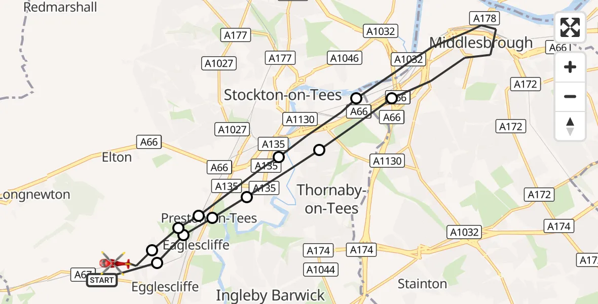 Flight route Air Ambulance Helicopter Aislaby - Egglescliffe, 12 September 2026, 16:54