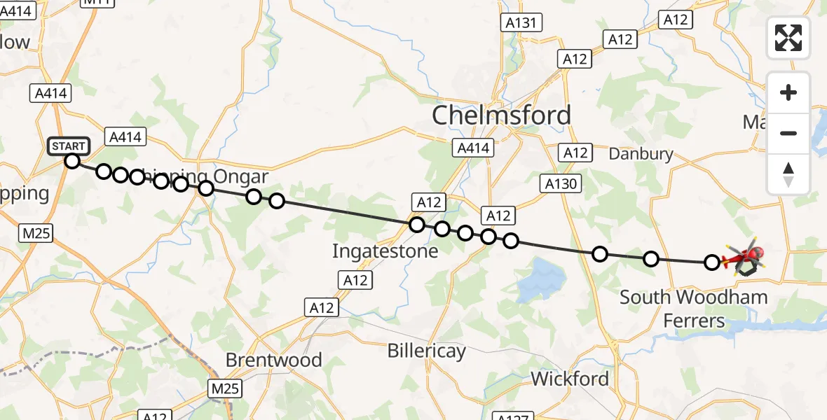 Flight route Air Ambulance Helicopter North Weald Airfield - Maldon, 12 September 2026, 17:03