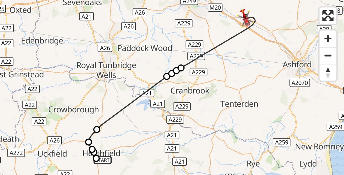 Flight route Air Ambulance Helicopter Heathfield - Maidstone, 12 September 2026, 17:12